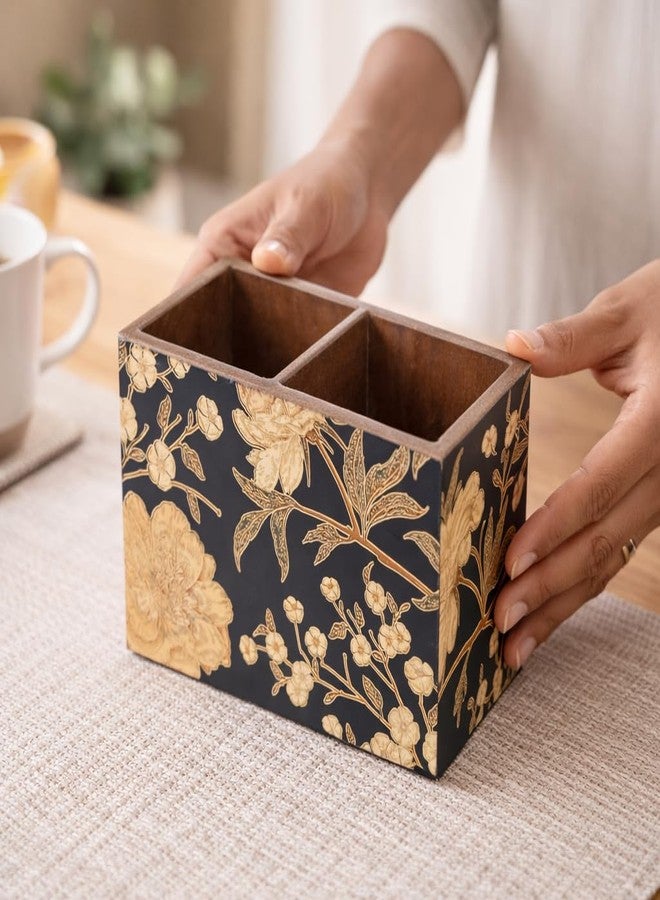amimashop حامل أدوات مائدة خشبي من أميماشوب® بقسمين | حامل ملاعق بتصميم زهور أسود | حامل أدوات مطبخ خشبي لتنظيم طاولة الطعام والمطبخ | حامل متعدد الأغراض للتخزين (10 × 16 × 12 سم) - Image 5